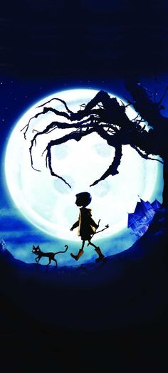 a person walking with a dog in front of a full moon