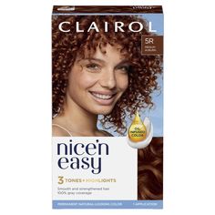 PRICES MAY VARY. Get natural-looking color with Clairol Nice'n Easy 5R Natural Medium Auburn Creates 3 salon tones and highlights in 1 simple step using Color Blend technology Covers 100% of grays with complementary highlights and lowlights for an authentic look Get permanent auburn hair color that lasts up to 8 weeks One hair color application kit: ColorBlend Formula, ColorBlend Activator, CC Plus ColorSeal Conditioner, Expert gloves Medium Auburn Hair Color, Medium Auburn Hair, Light Auburn Hair Color, Easy Hair Color, Light Auburn Hair, Auburn Hair Color, Textured Curly Hair, Ginger Hair Color, Highlights And Lowlights