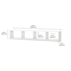 a white shelf with three shelves and measurements