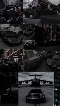 a collage of different cars and vehicles in black and white