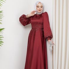 This Is A Mihir Istanbul Burgundy Gown Purchased From Modanisa. Never Worn. In Great Condition With Tags. I Bought For Eid But Never Wore It Because It Was Too Sparkly And Flowy For My Liking. I Thought It Suited A Weeding Or A Party More Than A Family Gathering. I Wasn’t Able To Return To Modanisa Maxi Length Dress For Eid Banquet, Maxi Dress For Eid Banquet, Eid Banquet Maxi Dress, Festive Satin Maxi Dress For Wedding, Maxi Length Gown For Eid Banquet, Eid Banquet Maxi Length Gown, Floor-length Evening Gown For Eid, Long Sleeve Maxi Dress For Eid Banquet, Festive Floor-length Satin Maxi Dress