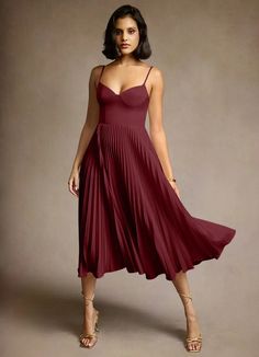 Emma Wine Pleated Midi Dress | Azazie Pleated V-neck Dress With Fitted Bodice, Chic A-line Pleated Dress For Party, A-line Midi Dress With Accordion Pleats For Party, Pleated A-line Midi Dress For Dinner, Fitted A-line Suspender Dress For Evening, Fitted Satin Dress With Accordion Pleats, Pleated Midi Dress With Spaghetti Straps, Solid V-neck Suspender Dress For Party, Satin Pleated Skirt Cocktail Dress