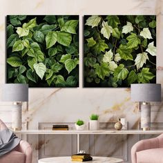 two green plants are on the wall in this living room