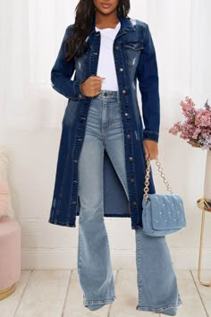 Dark Blue Fashion Casual Solid Ripped Turndown Collar Long Sleeve Regular Denim Jacket Dark Blue Denim Jacket, Royal Blue Outfits, Denim Style Casual, Long Denim Jacket, Style Bleu, Shirt Collar Styles, Fitted Denim Jacket, Blue Outfits, Long Winter Coats