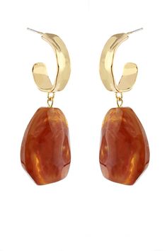 Accessorize with personality with our Amber & Hoop Dangle Earrings in Brown and Gold. These unique earrings feature a playful mix of amber beads and gold hoops, giving you the perfect touch of fun and style. Perfect for adding a touch of quirkiness to any outfit. Earrings With Burnt Orange Dress, Luxury Brown Teardrop Earrings, Luxury Orange Earrings For Formal Occasions, Luxury Orange Earrings For Formal Events, Cheap Chic Yellow Earrings, Cheap Orange Casual Earrings, Unique Cheap Yellow Jewelry, Luxury Orange Jewelry For Ceremonial Occasions, Luxury Orange Formal Earrings