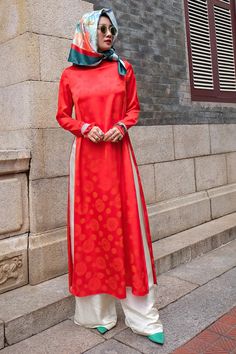 La Lan Straight Long Sleeved Silk Floor Length Ao Dai | MEAN BLVD Vietnam Clothes, Mean Blvd, Mesh Laundry Bags, Red Pattern, Everyday Wardrobe, Straight Cut, Designer Collection, Silk Fabric, Neck Designs