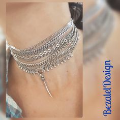 "♦ A stunning layered choker, made of silver-plated brass in very high quality, This necklace is designed in a boho-chic line with touches of punk 'a very beautiful necklace. The coating is very high quality and remains for a long time. SIZE length: 11.8\"(30cm) up to 15.8\"(40cm) width choker: 1.57\"(4cm) width pendant:0.27\"(0.68 mm) Pendant height: 1.57\"(4cm) ♦ This piece of jewelry is perfect as a gift for yourself or a friend, for a festival, Valentine's day or a birthday. If you're intere Festival Silver Choker With Adjustable Chain, Silver Adjustable Chain Choker For Festival, Bohemian Silver Layered Metal Necklace, Bohemian Silver Layered Necklace, Bohemian Style Silver Layered Necklace, Bohemian Layered Choker Necklace, Bohemian Silver Layered Choker Necklace, Silver Bohemian Layered Choker Necklace, Bohemian Metal Layered Choker Necklace