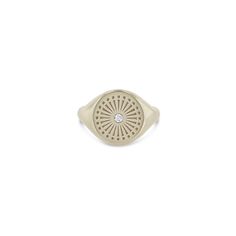 14k gold round signet ring engraved with a sunbeam and a single bezel set round diamond in the center of the ringSPECIFICS • face of ring is approx. 12mm in diameter• white diamond .03 ctw***Need a size not listed? Please email direct@zoechicco.com to submit your request, and we'll do our best to accommodate. We recommend you visit your local jeweler to get a professional measurement or order our complimentary ring sizer (US residents only) to determine your correct size. Diamond Bezel Setting Signet Ring, Timeless Bezel-set Signet Ring, 14k Gold Signet Ring With Single Diamond, Timeless Round Signet Ring With Single Diamond, Luxury Signet Ring With Center Stone, Luxury Engraved Ring With Single Diamond, Tarnish Resistant White Gold Diamond Ring, Luxury Round Signet Ring With Bezel Setting, White Gold Diamond Signet Ring, Tarnish Resistant