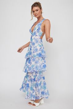 Veda Strappy Back Ruffle Midi Dress Floral Blue Sun Dresses Long, Long Sundresses, Sun Clothes, Foolish One, Floor Dresses, Brunch Dresses, Blue Selfie, Spring Formal Dresses, Light Blue Floral Dress