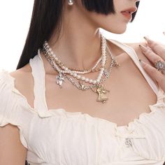 Material: Alloy; Pearls 
Size: One Size 
Length: 40.7-48.7CM/16.02-19.17" 
SKU:?NE4428 White Multi-strand Clavicle Chain Necklace, Vintage Angel, Pearl Size, Multi Layering, Vintage Stil, Vintage Ladies, Pearl Necklace, Lego, Angel