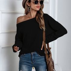 Black Off The Shoulder Waffle Top With An Oversized Fit. 100% Polyester Embroidered Lace Top, Classic Party, Preppy Southern, Boho Layering, Casual Dressy, Boutique Items, Layered Sweater, Strappy Tank Tops, Black Off Shoulder