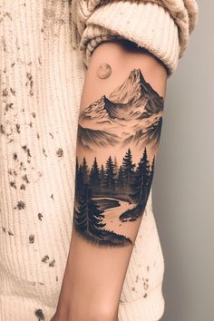 Black And Shaded Tattoos, Mountain And Floral Tattoo, Montana Mountains Tattoo, Mountain Tattoos For Women Arm, Mountain Pine Tree Tattoo, Mountain Inspired Tattoos, Winter Scene Tattoo, Hiker Tattoo Ideas, Simple River Tattoo