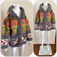 For your consideration Vintage zip up cardigan sweater with colorful blanket design. 2 front pockets. Generic zipper. No tags. The knit is somewhat crude - looks like a handmade tourist souvenir. Feels like wool or blend. Measures like a modern Medium, but could work on S or L depending how you prefer the fit. Pre owned, shows general wear. Wearable but has damage - sold AS IS. There are breaks in the knit, pulling, snags and discoloration in areas throughout. Needs to be cleaned - I'm not 100% Multicolor Outerwear With Pockets For Cold Weather, Bohemian Winter Cardigan With Pockets, Multicolor Patchwork Outerwear For Cold Weather, Multicolor Knitted Outerwear For Fall, Fall Patchwork Sweater For Cold Weather, Multicolor Long Sleeve Sweater With Pockets, Multicolor Long Sleeve Sweater For Cold Weather, Multicolor Winter Sweater With Pockets, Multicolor Knitted Sweater Coat For Winter