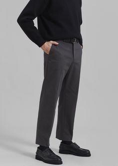 Color: Grey Midweight cotton blend fabric Regular fit Side seam pockets Back welt pockets Belt loops Zip fly Front button closure Unlined 97% Cotton 3% Elastane Dry Clean By The Frankie Shop. Imported Fitted Gray Chinos For Work, Gray Business Dress Pants With Pockets, Business Gray Dress Pants With Pockets, Semi-formal Gray Pants With Pockets, Gray Tapered Leg Cotton Cargo Pants, Gray Tapered Leg Cargo Pants In Cotton, Gray Cotton Tapered Leg Cargo Pants, Gray Fitted Work Pants With Welt Pockets, Fitted Gray Work Pants With Welt Pockets