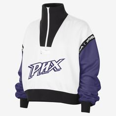 Show off your Phoenix Mercury spirit in bold team lettering. Smooth on the outside, slightly fuzzy on the inside, this top's midweight semi-brushed fleece helps keep you cozy while still being breezy. A 1/4-zip closure finishes off this comfy layer, making it easy to throw on and go. White Varsity Track Jacket For Winter, Sporty Fleece Sweatshirt For Winter Sports, Functional White Half-zip Top, Nike Activewear With Letter Print For Streetwear, White Crew Neck Activewear For Winter, White Fleece Top For College, White Fleece Tops For College, White Long Sleeve Activewear For Streetwear, Collegiate White Track Jacket For Sports Events