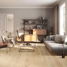 a living room filled with furniture and a guitar on top of a wooden shelf next to a window