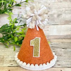 an orange party hat with the number one on it