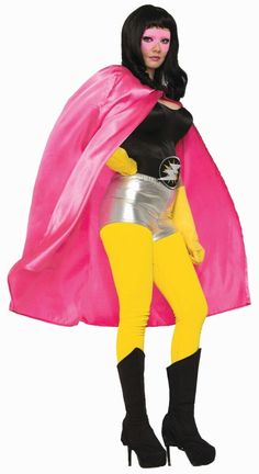 a woman dressed in pink and yellow is posing for the camera with a cape on