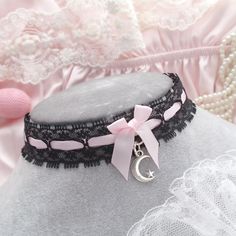 Black lace pink bow choker necklace collar ,little crescent moon pendant  , cute jewelry collar pastel goth  ♡ Measurement ♡ width 2.5cm ♡ Length 30cm /35cm  + 5cm tail Pastel Goth Jewelry, Pastel Goth Accessories, Cute Chokers, Pastel Goth Choker, Goth Choker Necklaces, Oc Things, Halloween Fits, Dark Kawaii, Pink Goth