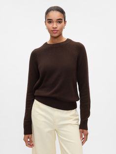 Supersoft cotton-blend, crewneck sweater.  Crewneck.  Long sleeves.  Certain styles have allover prints.  Fit: Classic.  A straight & easy fit.  Hits at the hip.  Models wearing Gap Brown Sweater Outfit, Chocolate Brown Sweater, Taupe Sweater, Swimwear Dress, Crew Neck Jumper, Loungewear Shorts, Sweaters Crewneck, Brown Sweater, Set Outfit