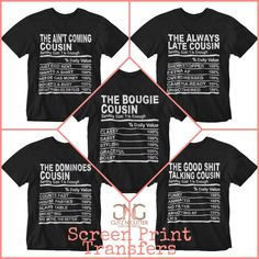 the bougie cousin t - shirt is shown in four different sizes