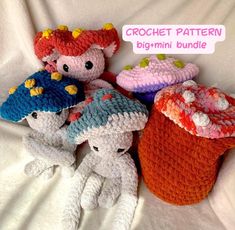 three crocheted stuffed animals sitting next to each other on a white sheet with the words crochet pattern bigami bundle written above them