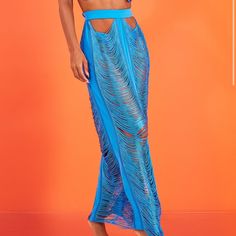 Such A Unique Cover Up. Perfect For The Pool Parties Chic Blue Swimwear For Beach Cover-up, Chic Blue Swimwear For Vacation, Blue Bohemian Spring Swimwear, Bohemian Blue Spring Swimwear, Chic Blue Swimwear For Party, Chic Blue Party Swimwear, Trendy Blue Festival Swimwear, Mesh Maxi Skirt, White Cover Up