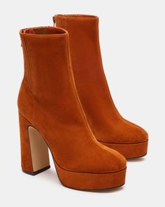 Burnt Orange Suede Boots, Chunky Heel Platform Boots, Women's Booties, Steve Madden Store, Apparel Merchandising, Platform Block Heels, Platform Heels Chunky, Chunky Block Heels, Wedge Pumps