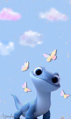 a small blue dinosaur with big eyes and butterflies flying around it's neck in the sky