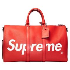 This iconic Keepall bag by Louis Vuitton and Supreme is made of red epi leather and features white Supreme logo, a detachable red leather shoulder strap, silver tone hardware, a two-way zipper closure, an exterior slip pocket & an interior zipper pocket, & black fabric interior lining. COLOR: Red MATERIAL: Epi Leather DATE CODE: BA2137 MEASUREMENTS: H 11” x L 18” x D 8” COMES WITH: Attachable Strap 40”, detachable luggage tag, LV lock & key, dust bag CONDITION: Pristine. Some hairline scratches on the bottom from being handled. Very clean. Some marks on the bottom. Made in France