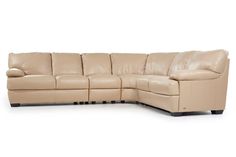 a beige leather sectional sofa with two recliners on the bottom and one end