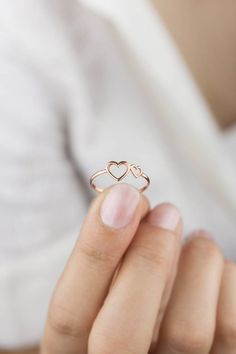 Double Heart Ring Rose Gold Heart Ring 14K Gold Ring Rose | Etsy Dainty Rose Gold Heart Ring For Wedding, Rose Gold Dainty Heart Ring For Wedding, Rose Gold Rings For Valentine's Day, Dainty Rose Gold Heart Promise Ring, Dainty Rose Gold Heart Cut Ring, Rose Gold Promise Ring With Open Heart Shape, Rose Gold Heart Charm Promise Ring, Rose Gold Heart Ring With Charm For Promise, Rose Gold Heart Ring Valentine's Day Gift