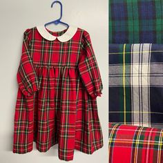 Tartan plaid long sleeve  dress with a white Peter Pan collar. The tartan plaid is a Robert Kaufman House of Wales cotton lawn fabric. The beautiful dress is made with long sleeves elastic at the wrist.  The dress button at the back. The bodice is lined. This will make a beautiful holiday Christmas dress.this dress can also be ordered in solid colors. Please message me for custom order. Dress made with tartan plaid in the same style as pictured.  available in the following sizes 6 months to size Preppy Long Sleeve Dresses For Fall, Long Sleeve Cotton School Dress, Plaid Cotton Dress For Winter, Preppy Plaid Cotton Dress, Fitted Plaid Cotton Dress In Preppy Style, Fitted Cotton Plaid Dress In Preppy Style, Preppy Fitted Plaid Cotton Dress, Red Long Sleeve Plaid Dress, Classic Plaid Cotton Dress