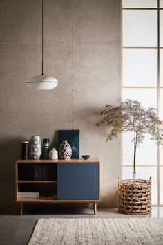 a living room with a plant and vases on the table