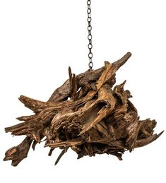 a chandelier made out of driftwood hanging from a chain on a white background