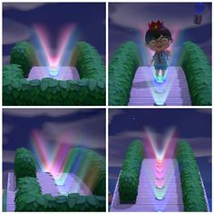 four different images of a cartoon character on a platform with light coming from the top