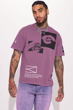 Available In Purple. Crew Neck Short Sleeve Oversized Fit Print Screen Disclaimer: Due To The Printing Process A Difference In Saturation May Occur. Each Garment Is Unique. Print Placement Will Vary. 100% Cotton Imported | Mens All Seeing Eyes Short Sleeve Tee Shirt in Purple size Small by Fashion Nova Print Screen, All Seeing Eye, All Seeing, Print Placement, Purple Fashion, Personal Marketing, Unique Print, Oversized Fits, Printing Process