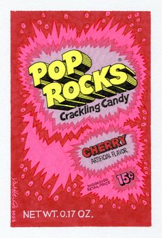 the poster for pop rocks cracking candy is shown in red and pink colors with black lettering