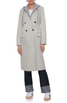 A contrast hood brings a trendy layered look to a double-breasted trench coat fashioned in a longline silhouette. 43 1/2" length Double-breasted button closure Notched lapels; drawstring hood Front flap pockets Back vent Lined 50% cotton, 50% polyester Machine wash, line dry Imported Trench Coat Style, Double Breasted Trench Coat, Concert Looks, Sweaters And Leggings, Trench Coats Women, Kids Boots, Layered Look, Fall Looks