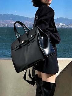 Size: (cm) Length:52cm /. Height: 31cm. /. Width: 17cm Large 50CM platinum bag with Kelly lock closure Matte black soft PU leather Comes with two adjustable shoulder straps, 65~100CM long and 4CM wide Chic Large Capacity Black Travel Bag, Black Travel Satchel With Hasp Closure, Chic Black Travel Bag With Detachable Strap, Chic Satchel For Business Trips, Chic Black Laptop Bag With Large Capacity, Chic Black Bags For Business Trips, Chic Black Travel Bag With Double Handle, Chic Black Travel Bag With Luggage Sleeve, Black Travel Bag With Large Capacity