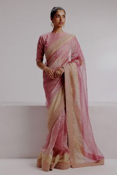 Pink saree featuring sequin embroidered floral border on an textured base. Comes with fekua woven moroccan blouse and petticoat. - Aza Fashions Party Pre-draped Saree With Zari Work In Slub Silk, Tissue Silk Pre-draped Saree With Zari Weaving For Reception, Cotton Silk Pre-draped Saree With Dupatta For Reception, Festive Cotton Silk Pre-draped Saree With Sheer Dupatta, Bollywood Style Pre-draped Cotton Silk Saree For Reception, Bollywood Style Slub Silk Blouse With Sheer Dupatta, Anarkali Cotton Silk Pre-draped Saree For Reception, Tissue Silk Lehenga With Zari Weaving For Reception, Cotton Silk Saree For Reception