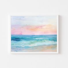 an abstract painting with pastel colors on the water and sky above it is framed in a white wall