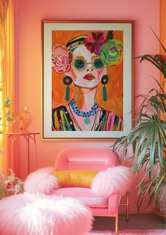 a living room with pink walls and an art work on the wall above it,