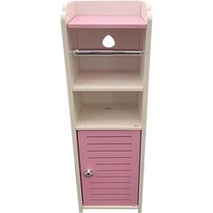 a pink and white wooden shelf with drawers