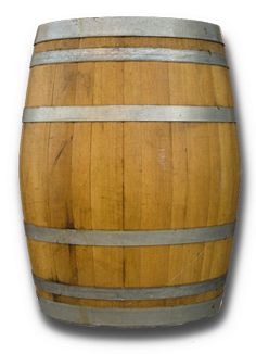 a wooden barrel sitting on top of a white surface