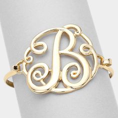 Gold Filigree Metal Circle Monogram Initial Classic Curlicue Calligraphy Pendant Hook Fashion Statement Bracelet Size : 1.75" H, 2.25" D Theme : Monogram Hook Closure Fancy Twist / Curl / Curlycue Curve / Coil / Name G 04826 B Trendy Monogram Jewelry For Personalized Gifts, Trendy Monogrammed Jewelry For Personalized Gifts, Elegant Letter Shaped Jewelry With Initials, Elegant Gold Letter Shaped Jewelry, Elegant Initial Letter Jewelry, Adjustable Monogrammed Gold Jewelry, Adjustable Monogram Name Bracelet As A Gift, Adjustable Monogram Name Bracelet For Gift, Adjustable Monogram Name Bracelet