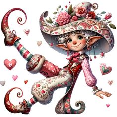 a painting of a girl in a sombrero and hat with hearts around her