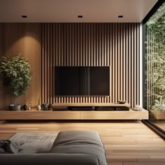 a modern living room with wood paneling and a flat screen tv on the wall