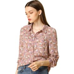 Let your wardrobe blossom with this graceful floral shirt. It is constructed from premium soft fabric with a pretty floral print. Whether you're in the office or out on town, this ditsy floral print shirt is perfect for any occasion. Wear this shirt out for a breezy look. Pair it with skirts or skinny jeans and high heel sandals to finish. Floral Long Sleeve Shirt, Women's Button Down Shirt, Ditsy Floral Print, Floral Print Shirt, Weekend Wardrobe, Collar Top, Floral Print Tops, Shirt Long Sleeve, Pink Blouse