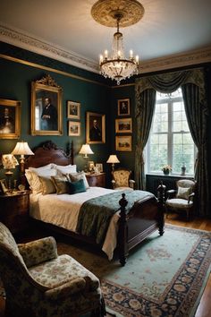 a bedroom with green walls and pictures on the wall above the bed, along with a chandelier